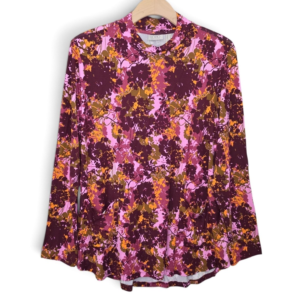 LOGO by Lori Goldstein Top Womens Purple L Large Floral Mock Neck Tunic Pockets